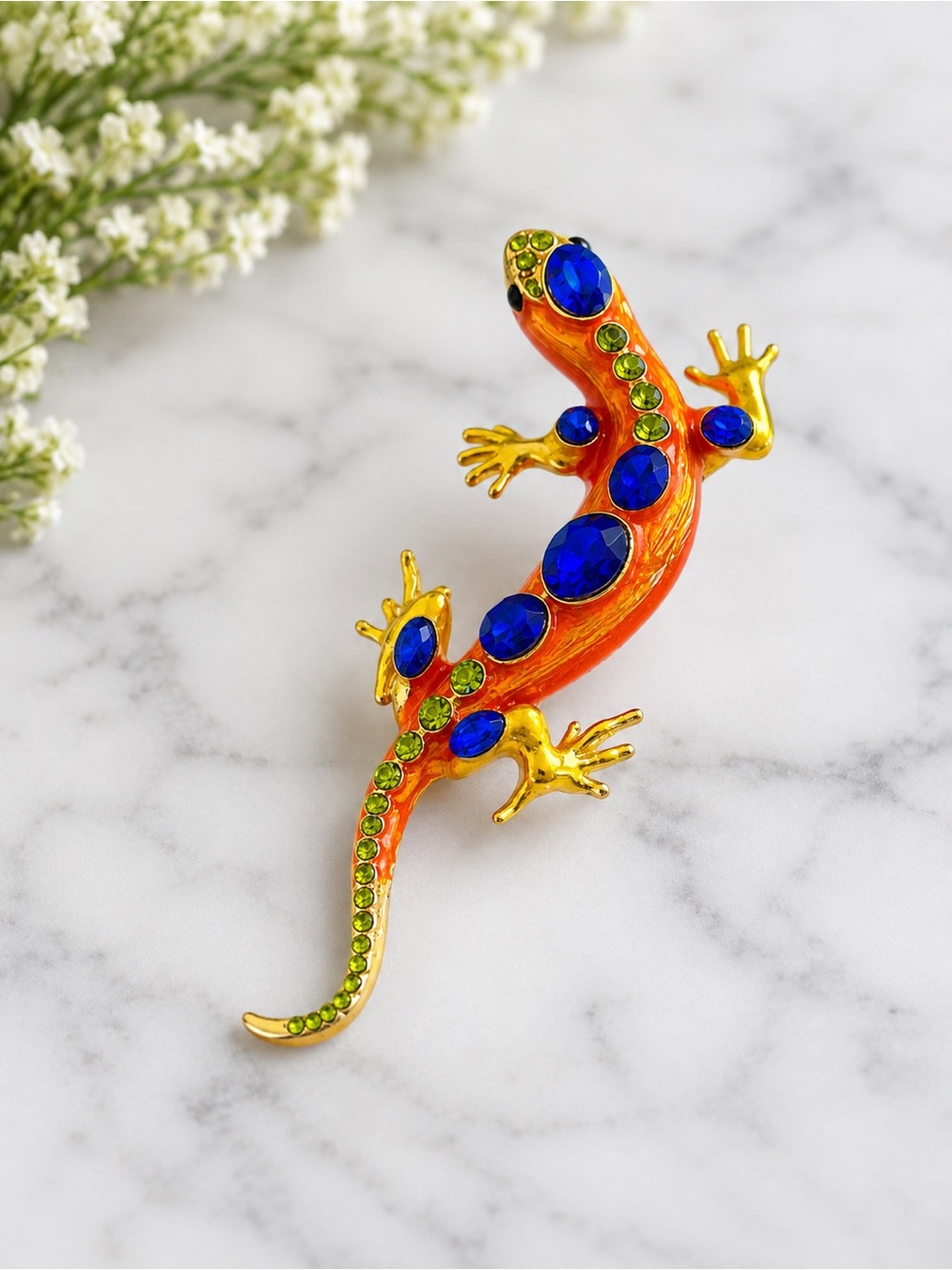 Vibrant Orange & Blue Crystal Lizard Brooch - Elegant Women's Jewelry